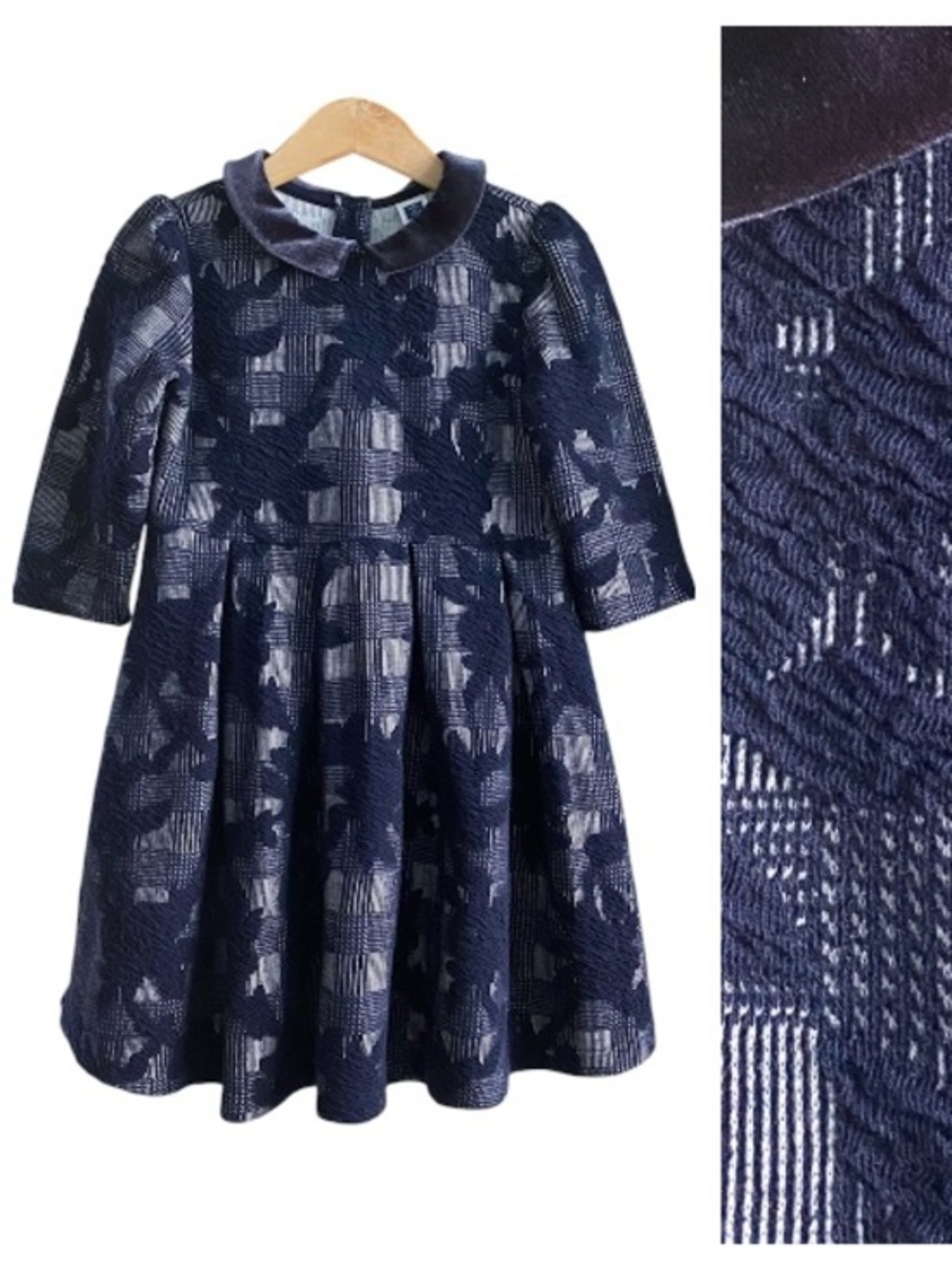 Janie and Jack Navy Blue Jacquard Velvet Collar Long Sleeve Dress 4t